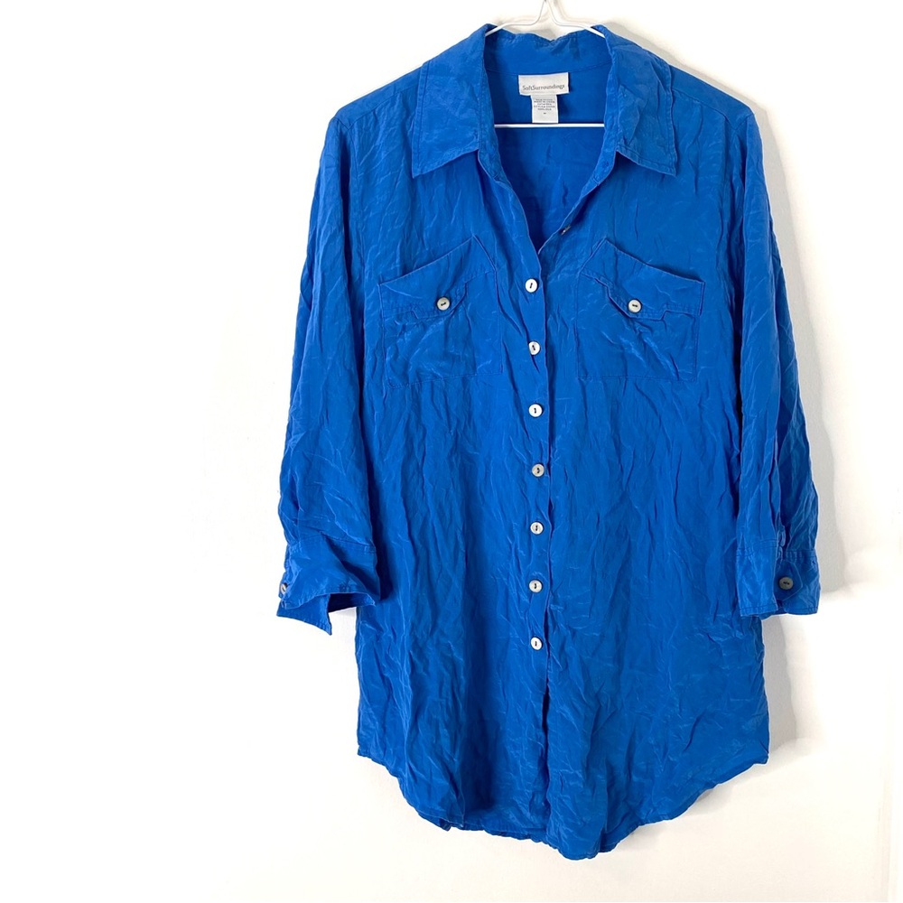 Soft Surroundings Royal Blue Silk Tunic Blouse Button Down Collared Curved Hem
